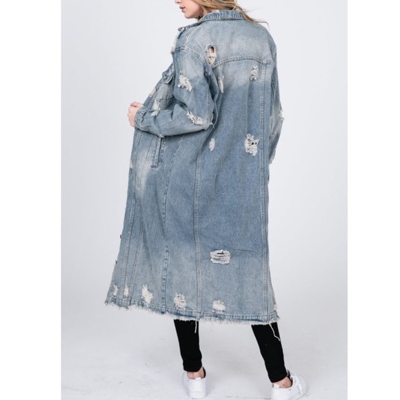 Plus Size Distressed Destroyed Vintage Long Maxi Denim Jean Jacket Coat - Picture 3 of 8